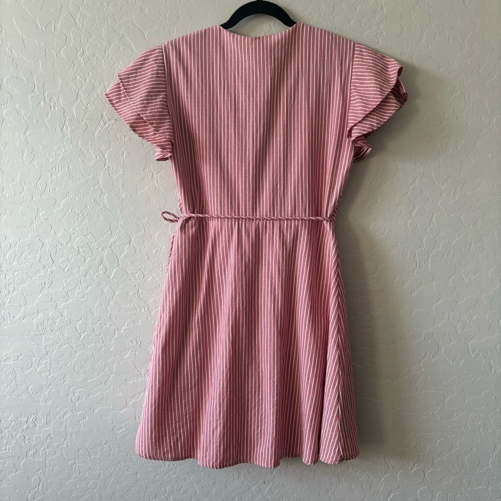 Francesca’s Harper Heritage Pink White Striped Ruffle Sleeve Wrap Dress Large - Picture 10 of 12